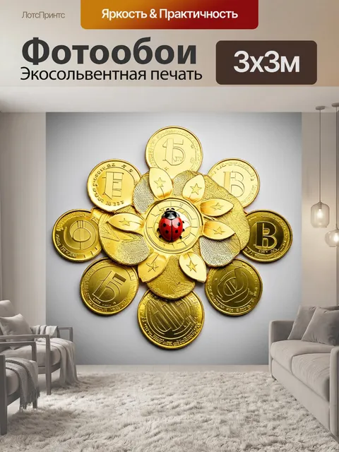 Фотообои эстетичное изображение, где евро-монеты выложены в виде цветка, а в центре красуется божья коровка
