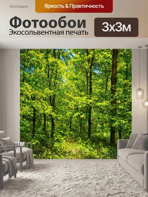 Фотообои летний лес с солнечными участками, зелёные листья, запах вишни, летние звуки