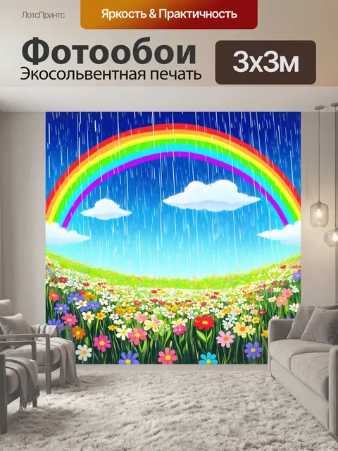 Фотообои цветы в стиле мультяшный, цветы, танцующие под дождем с радугой и ярким небом