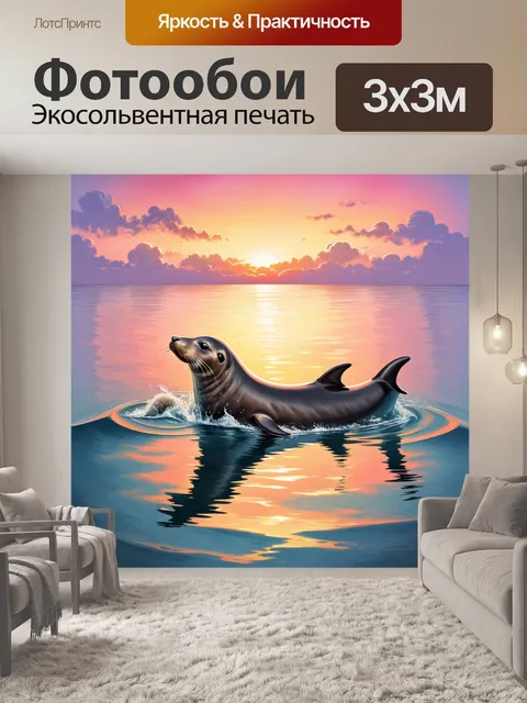 Фотообои тюлень, играющий с дельфинами на фоне спокойного заката, отражающегося в океане