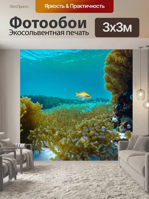Фотообои море с мелкими рыбками, плавающими среди водорослей и рифов