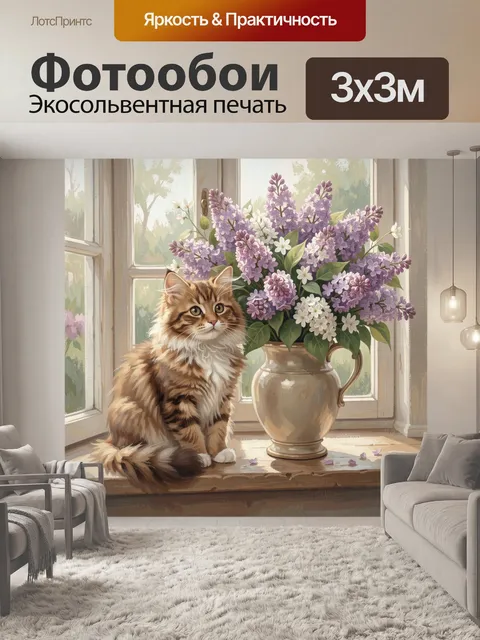 Фотообои Пушистый кот и букет сирени