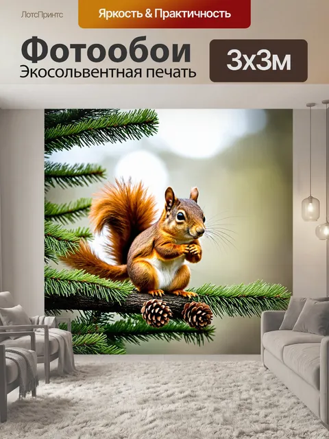 Фотообои Веселая белка с пушистым рыжим хвостом сидит на ветке елового дерева, окруженная зелеными иглами и шишками