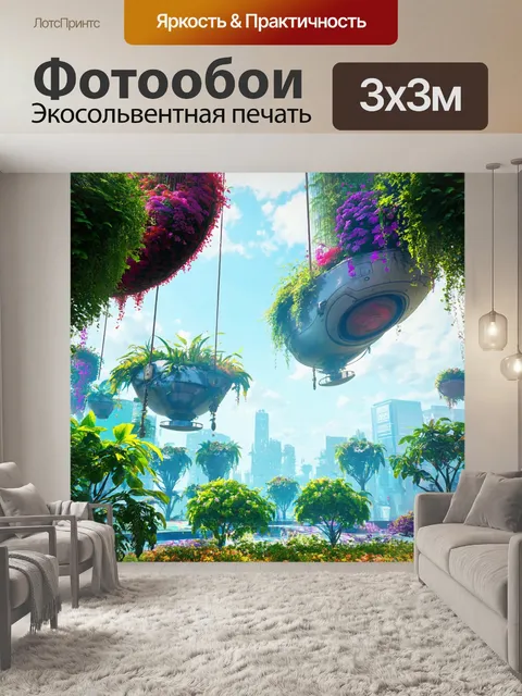 Фотообои пейзаж в стиле ретрофутуризм, с висячими садами и непонятными машинами, парящими в воздухе