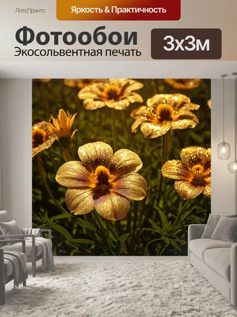 Фотообои цветы в стиле фэнтези, где цветы покрыты золотым порошком, искрящимся на солнце