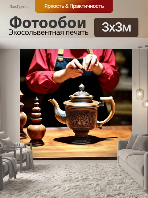 Фотообои россия самовар, на столе с деревянными изделиями, тонкие узоры и резьба, с мастерицей, показывающей свое…