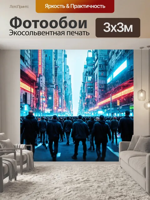 Фотообои город в стиле киберпанк, высокие популяции людей на фоне технологий будущего
