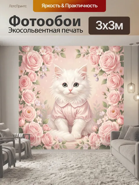 Фотообои Белый котенок среди роз