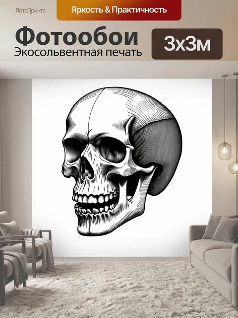 Фотообои анатомический череп, выполненный в технике гравюры, с глубокими тенями и ярким контрастом