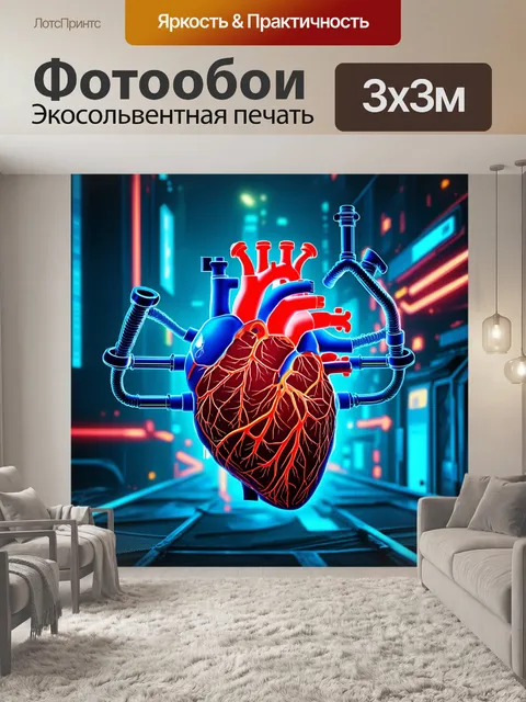 Фотообои изображение сердца, задающее концепцию здоровья с использованием элементов биомеханики, в стиле киберпанк