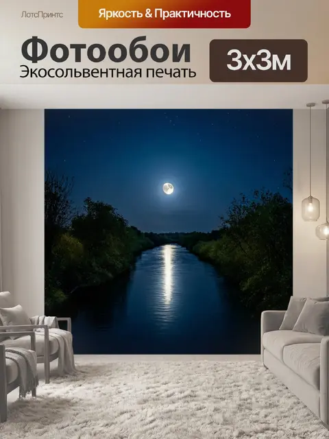 Фотообои ночной пейзаж с луной, отражающейся в реке