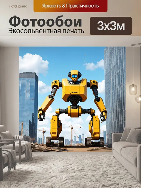 Фотообои создайте изображение гигантского роботизированного манипулятора, занимающегося строительством высотного здания