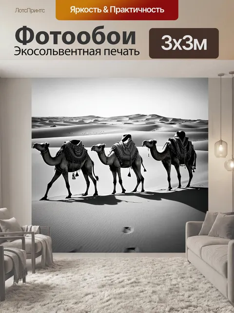 Фотообои египет в стиле черно-белый, караван верблюдов на фоне пустыни