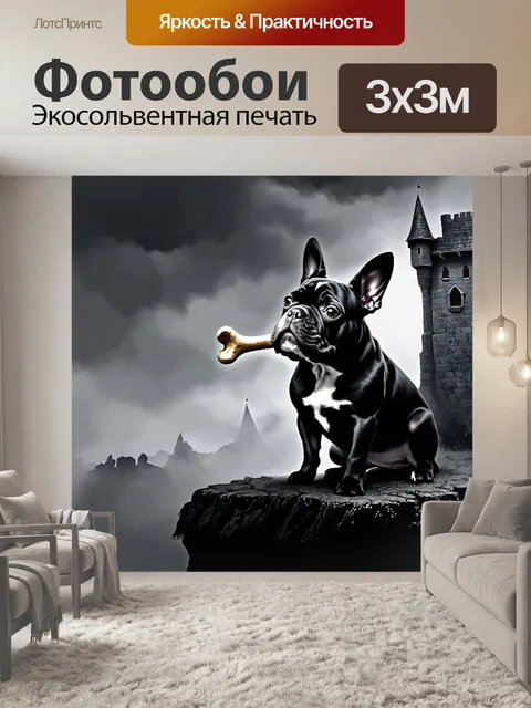 Фотообои на фоне старинного замка, стоящего на скале, французский бульдог позирует, держа в зубах косточку