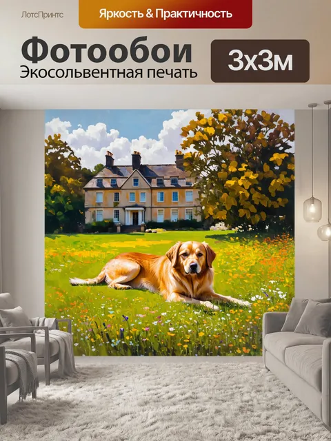 Фотообои старинная усадьба и золотистый ретривер на переднем плане