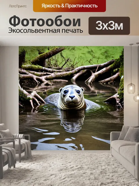 Фотообои серый тюлень, погруженный в атмосферу спокойствия, медленно плывёт среди затопленного леса, где корни…