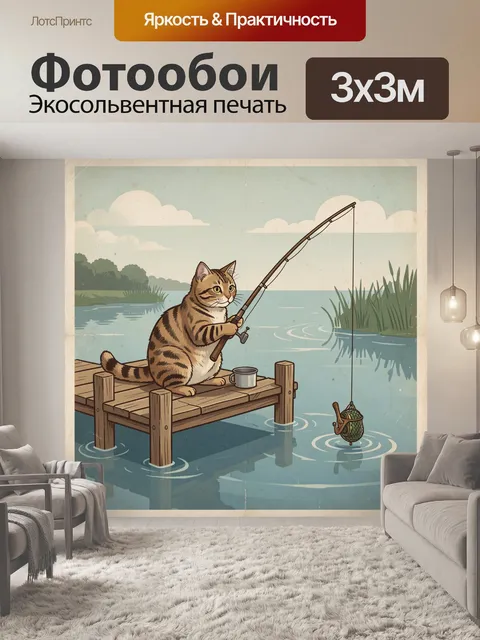 Фотообои Кот-рыбак на деревянном причале