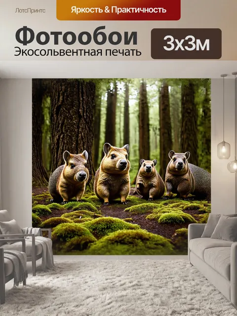 Фотообои группа вомбатов исследует давний лес на тасмании, среди древних деревьев и мха