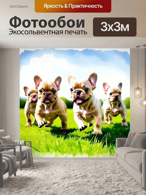 Фотообои на фоне яркого, солнечного весеннего дня, несколько щенков французского бульдога играют на траве, весело…