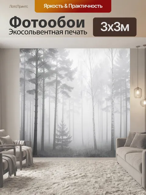 Фотообои Туманный лес с высокими соснами