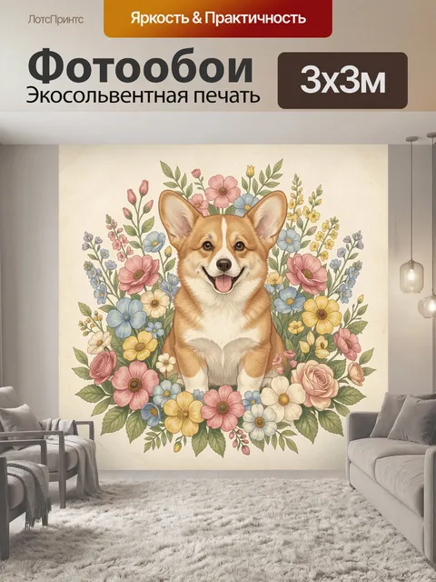 Фотообои Корги среди полевых цветов