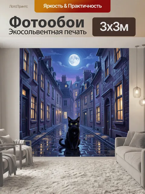 Фотообои Чёрный кот на ночной улице