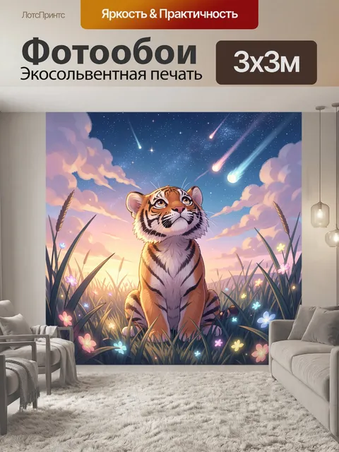 Фотообои Милый тигрёнок сидит в высокой траве и смотрит вверх с восхищением