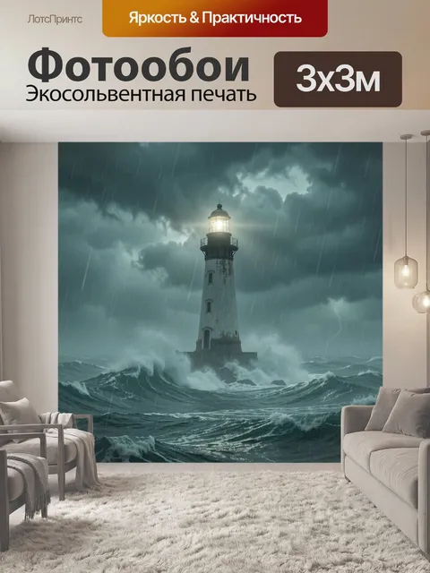 Фотообои Маяк в штормовых волнах