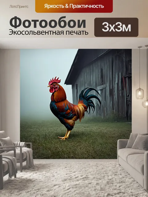 Фотообои петух с длинным хвостом, рассекающий утренний туман на фоне старого заброшенного сарая