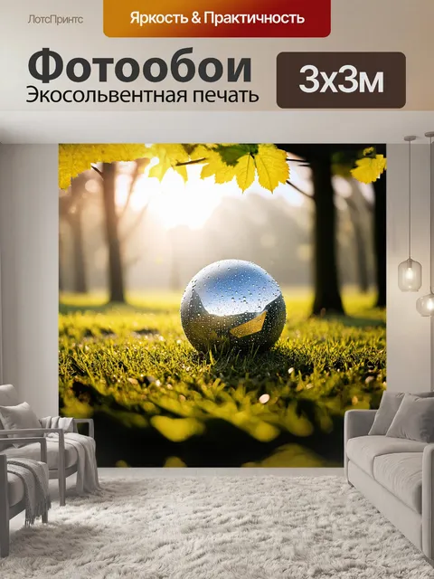 Фотообои мяч, покрытый каплями росы, лежит на утреннем травяном поле