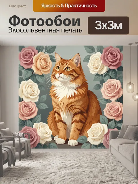 Фотообои Рыжий кот среди роз
