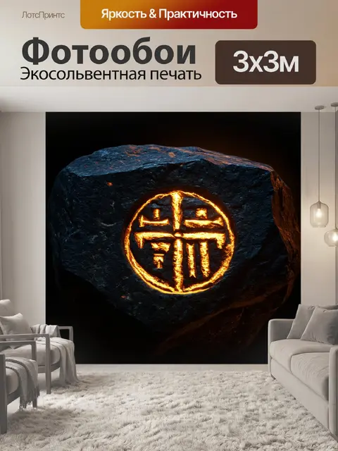 Фотообои темный фон, на котором изображены таинственные руны, вырезанные на черной скале, светящиеся золотым светом