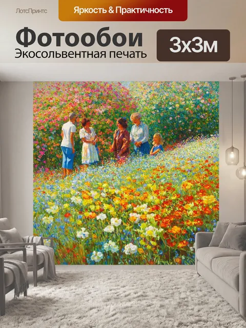 Фотообои цветы в стиле поль гоген, присутствие людей среди цветов, взаимодействие с природой, яркие и насыщенные тона