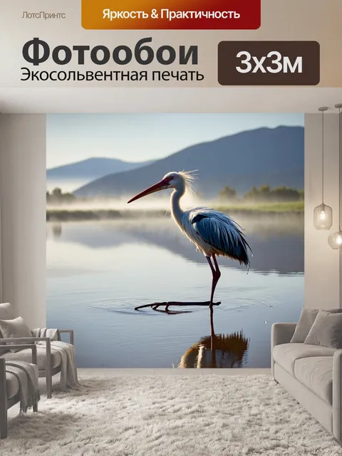 Фотообои фотографическое изображение аиста, стоящего на берегу реки с отражением в воде