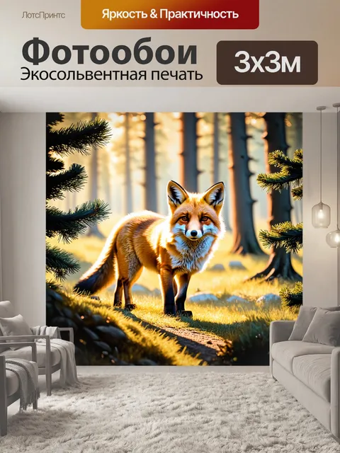 Фотообои лиса, неторопливо исследующая сосновый лес, её шубка переливается на солнышке, окружающие деревья…