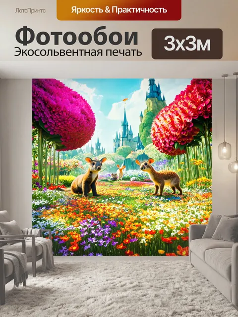 Фотообои страна чудес с огромными цветами и анимированными животными