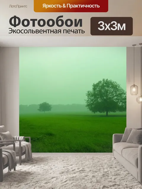 Фотообои зеленые в стиле тонализм, туманное утро с легкой зеленью и мягким светом
