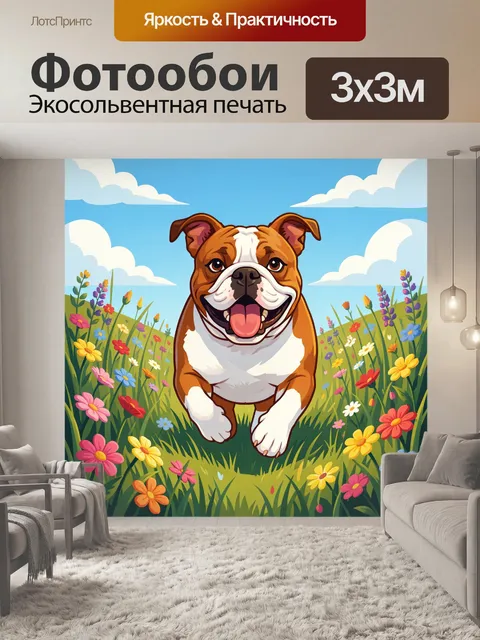 Фотообои Веселый бульдог в цветочном поле