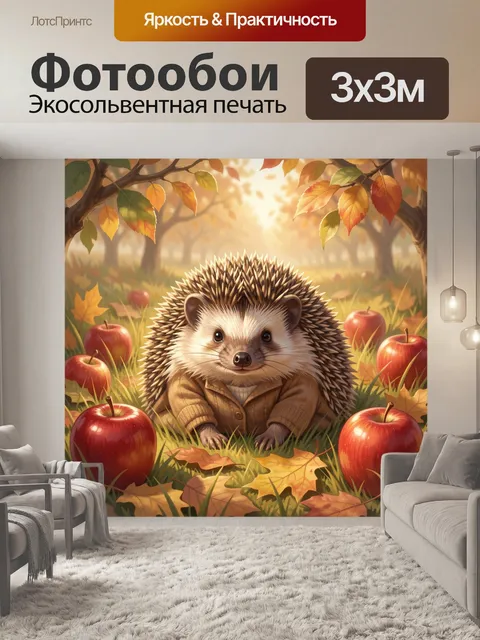 Фотообои Ежик среди яблок осенью