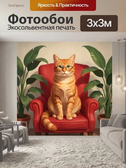 Фотообои Рыжий кот в очках на кресле