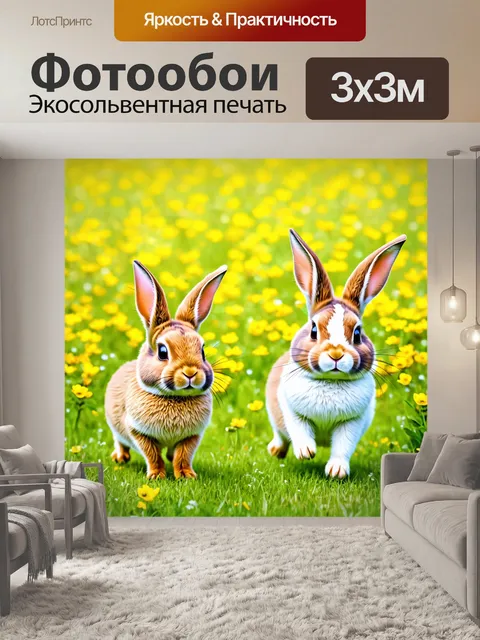 Фотообои животные в стиле скетч, забавные кролики, прыгающие по весеннему полю