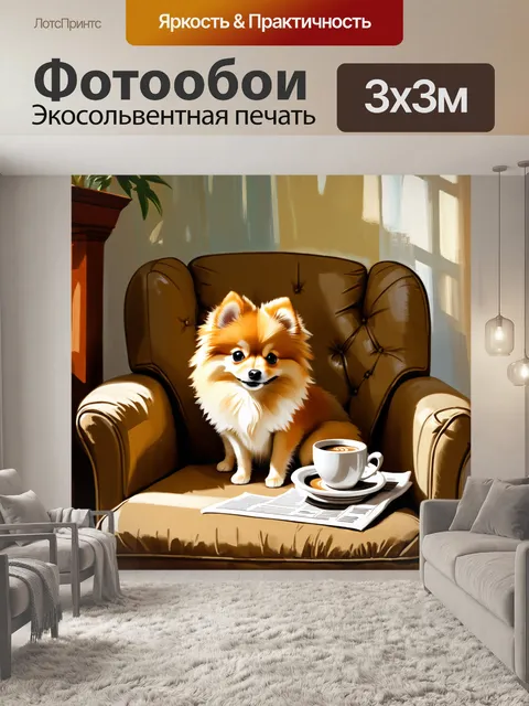 Фотообои понедельник утром, миниатюрный шпиц сидит на уютном кресле рядом с чашкой кофе и газетой, создавая теплую…