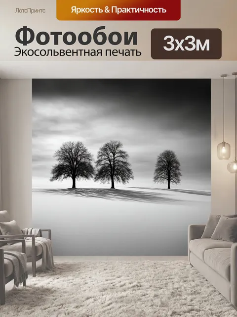Фотообои черно-белый, изображающие утренний пейзаж с тремя одинокими деревьями на фоне зимнего неба