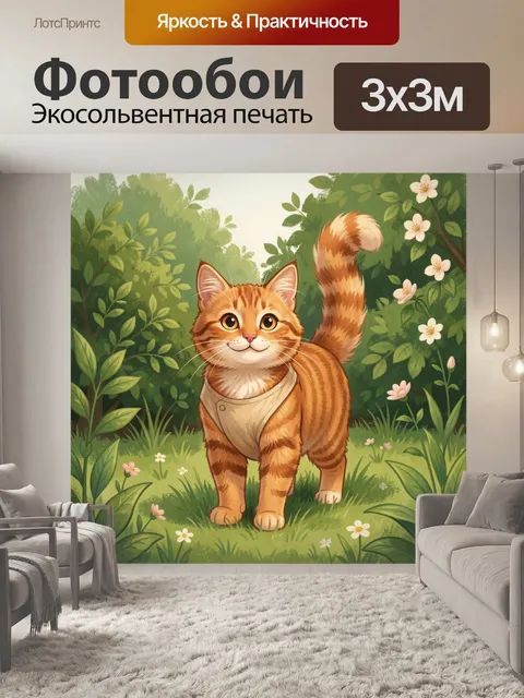 Фотообои Рыжий кот в цветущем саду