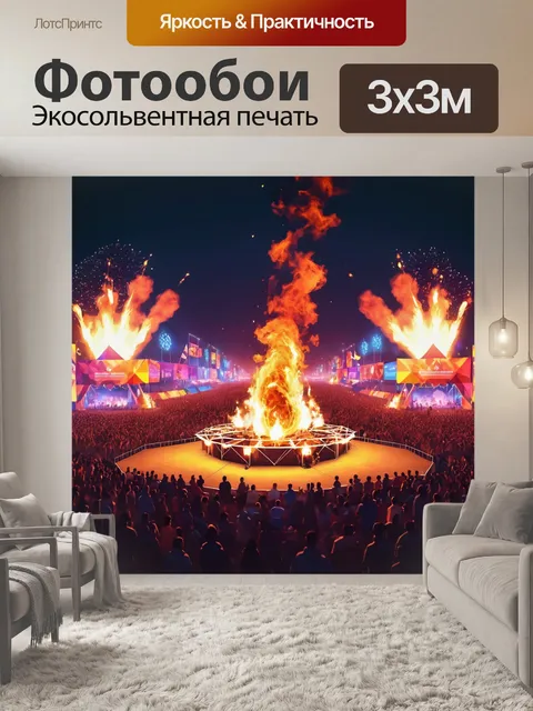 Фотообои город в стиле полигональный, вечерний фестиваль с огненным шоу и многоугольной сценой, заполненной зрителями