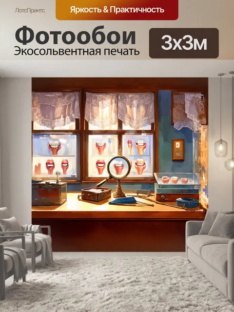 Фотообои старинная зубная клиника, где на стенах висят стеклянные витрины с историческими образцами зубных протезов
