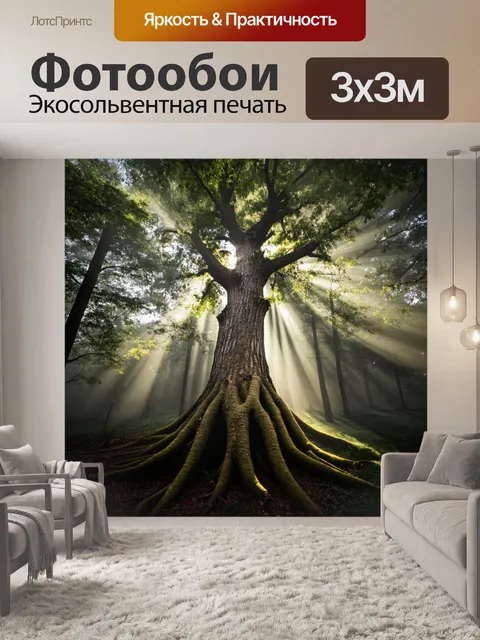 Фотообои дерево с толстой, закрученной корой, на фоне мрачного леса, покрытого туманом, с пробивающимися солнечными…