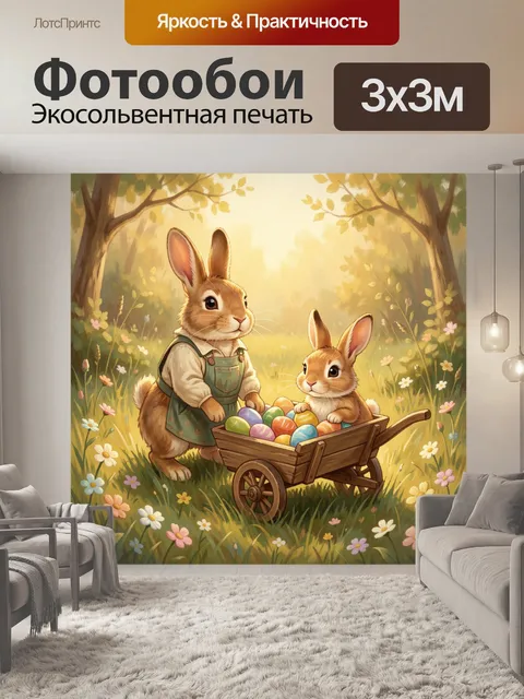 Фотообои Зайчата с тележкой пасхальных яиц
