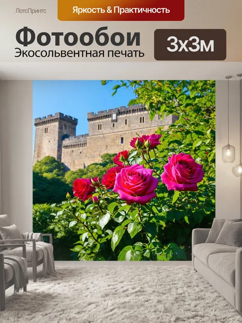 Фотообои цветущие розы на фоне старинного замка