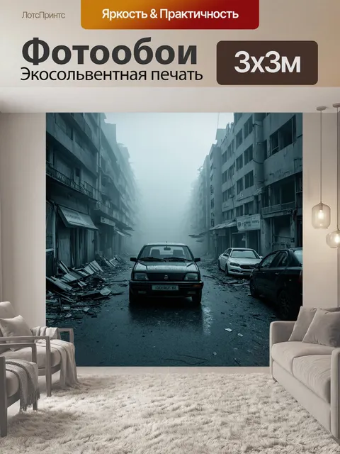 Фотообои туман в стиле панк, с пейзажами разрушенных улиц и заброшенных автомобилей, окутанных серым туманом
